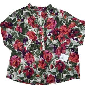 Floral Ruffle Blouse Silk Cotton Roses Sz 2X Vintage Y2K Romantic Cottage NWT
